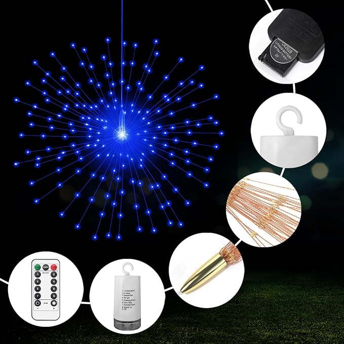 2 Pack Starburst Sphere Lights,200 LLED Firework Lights, 8 Modes Dimmable Remote Control Waterproof Hanging Fairy Light, Copper Wire Light for Patio Parties Christmas (Blue)