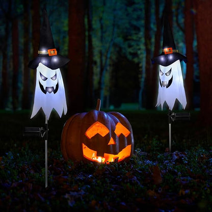 Riakrum 2 Pcs Halloween Solar Pathway Lights Solar Halloween Ghost Witch Hat Stake Lights Decorations Outdoor Big Spooky Ghost Decor for Pathway Porch Yard Walkway Lawn Garden Indoor Outside Party