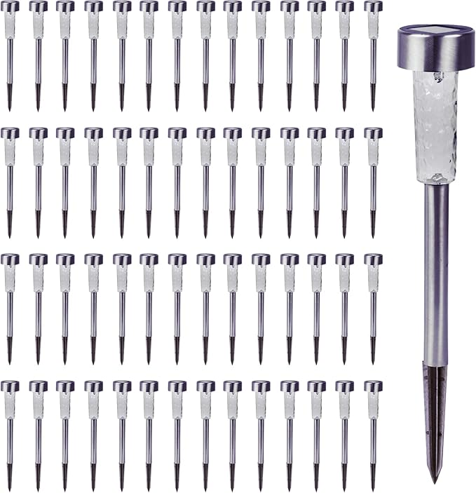 Crosslight Solar Powered Pathway Lights (56 Pack) - Outdoor Stainless Steel White LED Lights, Waterproof for Garden, Yard, Patio, Lawn, Walkway - Decorative Ground Stake Lighting | Silver