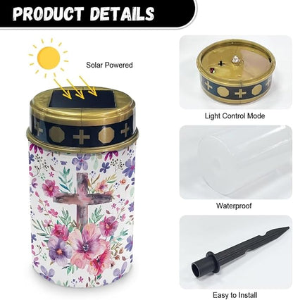 Poceacles Cross Solar Lights - Outdoor Waterproof Cemetery Lights with Solar Powered Grave Lanterns for Lawn, Garden Pathway - Pink Purple Floral Cross, Pack of 6