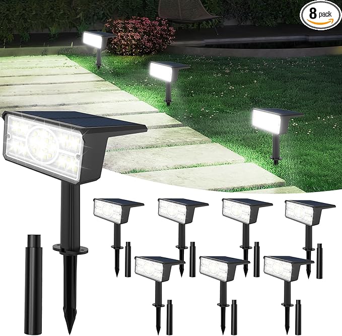 T-SUN Solar Spot Lights Outdoor, 8 Pack 49LED Landscape Spotlights, 2 Lighting Modes Auto ON/Off Solar Lights for Trees, Garden, Yard, Pathway, Driveway(White)