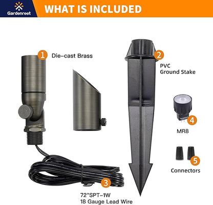 Gardenreet Brass Landscape Spotlights Low Voltage - Low Watt 12V Outdoor LED Uplight, MR8 Wired Spot Lights IP65 Waterproof, Bronze for Exterior Garden Yard Tree House with 2.5W 2700K Warm White Bulb