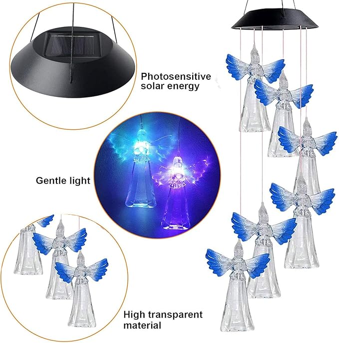 Solar Mobile Lights Hanging Wind Chime, Color Changing Outdoor Solar Garden Decorative Lights for Walkway Pathway Backyard Decoration Parties (Blue Wing Angel)
