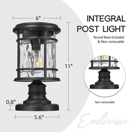 Emliviar Portable Solar Post Light Fixture with Fixed Pire Mount Base, Black 11“ Outside Solar Table Lamp with Remote Control, LED Post Lantern Head with Water Ripple Glass, XE229P-S-ML SL BK