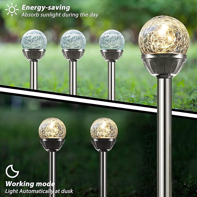 Solar Outdoor Lights, 4Pack Glass Cracked Ball LED Solar Garden Decorative Globe Light,Solar Stake Garden Lamp,Waterproof Solar Pathway Light for Patio Yard Lawn Decor (Warm White)