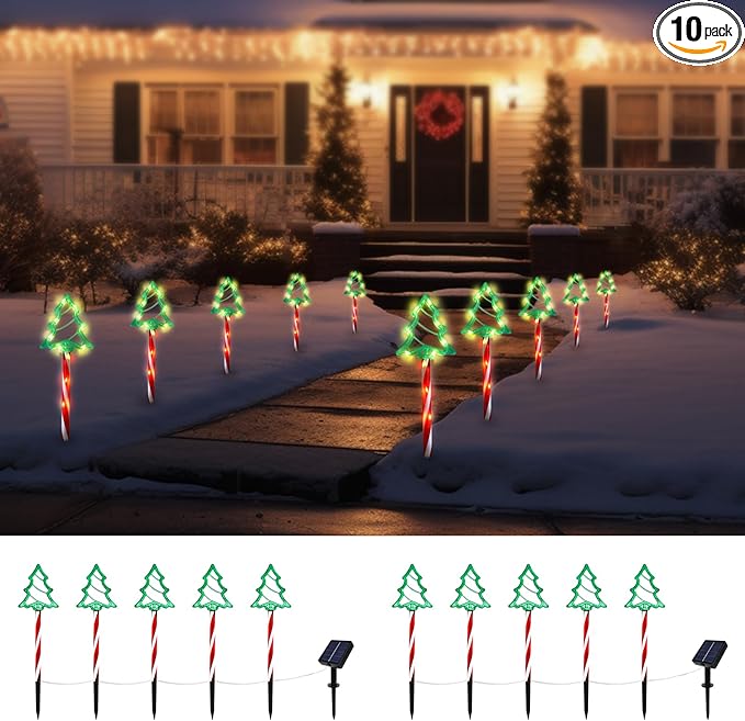 Christmas Tree Outline Solar Lights 10 Pack, 17’’ Cute Size Pine Tree Outline Garden Solar Lights for Out Decor, IP45 Wateproof and Dust Resistance, Solar Powered Yard Light for Christmas Decor