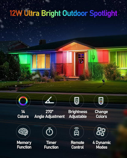 HIBOITEC 12W Christmas Spotlight Outdoor with Plug Timer Color Changing 120V Landscape Lighting Waterproof Dimmable LED Spot Light for Yard Christmas Outside House Garden Tree Decoration 6Pack