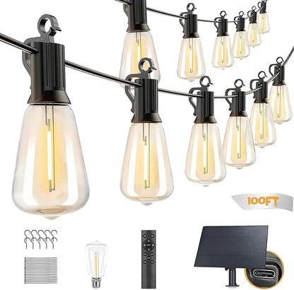 GUNABAY Outdoor Solar String Lights with Remote -100FT Wire and 50+1 LED shatterproof Bulbs,dimmable Waterproof Fairy Lights for Patio, Garden, Yard, Balcony & Party Decor