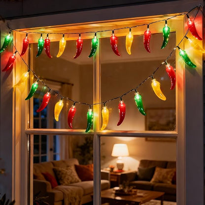 35 LED Red Green and Yellow Chili Pepper Christmas Lights, 18 Ft Green Wire House Decorative Lighting String, for Indoor and Outdoor Party, Kitchen, Living Room, Garden, Patio.
