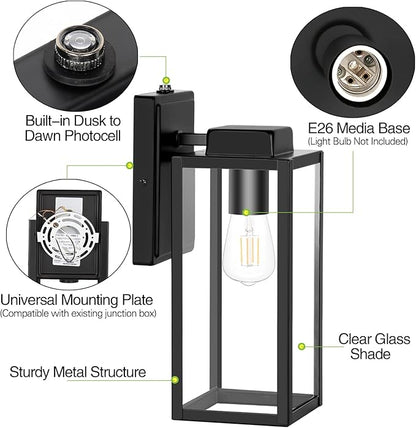 Large Outdoor Wall Light, 16 Inch Outdoor Wall Lantern, Dusk to Dawn Exterior Waterproof Wall Sconce, Anti-Rust Wall Mounted Lighting with Glass Shade, Matte Black Wall Lamp with E26 Socket for Porch