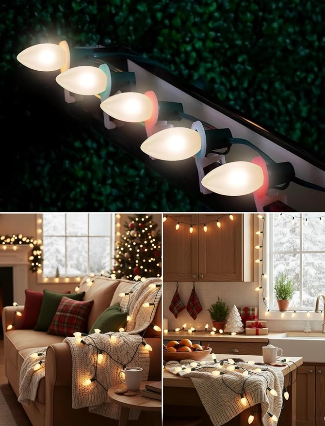 25ft Warm White Christmas Lights Outdoor,Frosted White Christmas Lights with 26 Incandescent Bulbs(1 Spare),Hanging Vintage Christmas Light for Patio Holidays Christmas Tree Decor