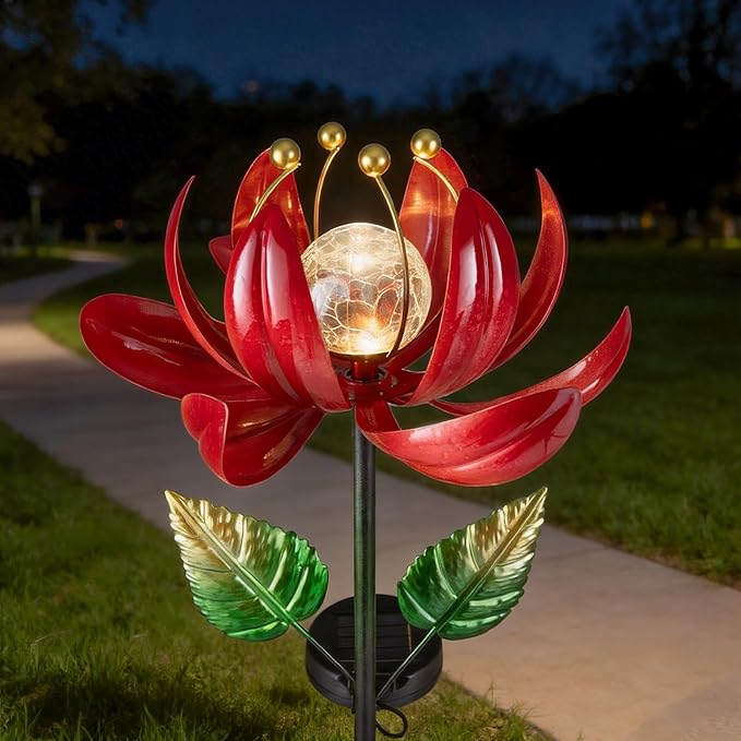 Solar Lights Outdoor Garden Decor, Solar Wind Spinner Yard Decorations Gifts for Outside, Lotus Windmill Pathway with LED Cracked Crystal Ball Waterproof Flower Sculpture for Patio Lawn