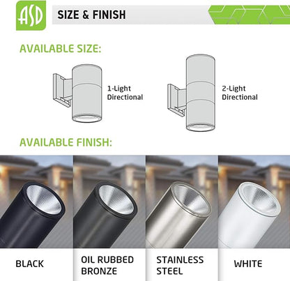 ASD LED Up Down Lights Outdoor Cylinder Wall Light 18W (120W Equiv) 1500Lm 5000K Daylight, 120V Patio Wall Light Fixture, Wet Rated, Stainless Steel Wall Sconce, ETL & Energy Star, 2-Pack