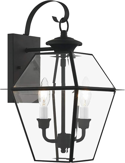 Livex Lighting 2281-04 Westover 2 Light Outdoor Black Finish Solid Brass Wall Lantern with Clear Beveled Glass
