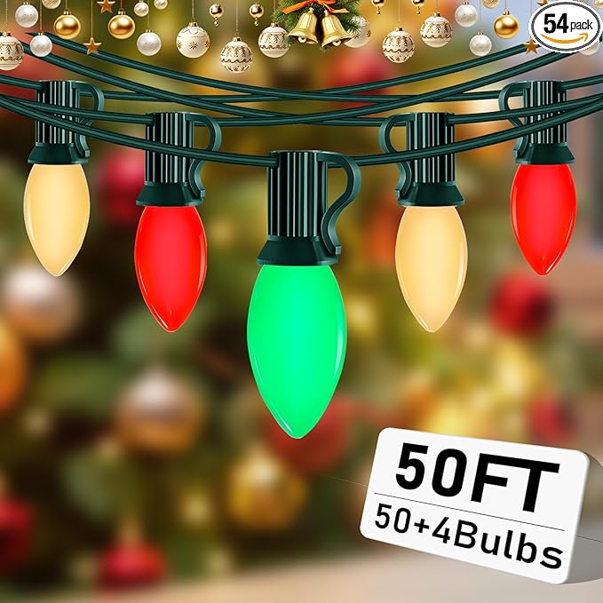 Abeja C9 LED String Light Outdoor, 50Ft Vintage Christmas Lights with 54 Red White and Green Bulbs(4 Spare), Commercial Outdoor Christmas Lights for Holiday Wedding Party