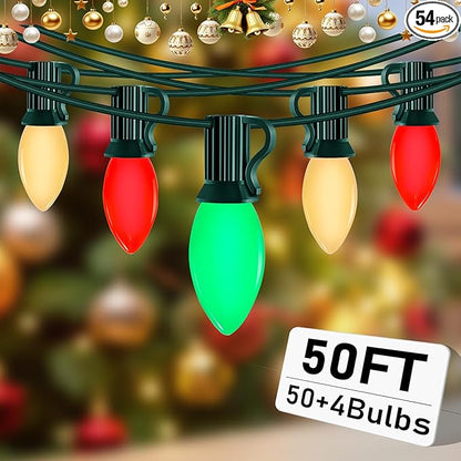 Abeja C9 LED String Light Outdoor, 50Ft Vintage Christmas Lights with 54 Red White and Green Bulbs(4 Spare), Commercial Outdoor Christmas Lights for Holiday Wedding Party