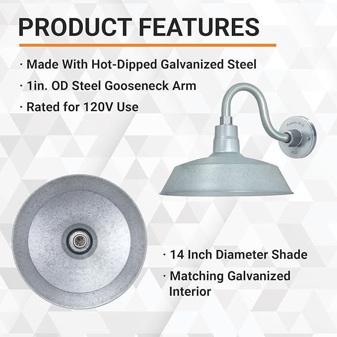 14in. Galvanized Finish Outdoor Gooseneck Barn Light Fixture with 10in. Long Extension Arm - Wall Sconce Farmhouse | Lumora