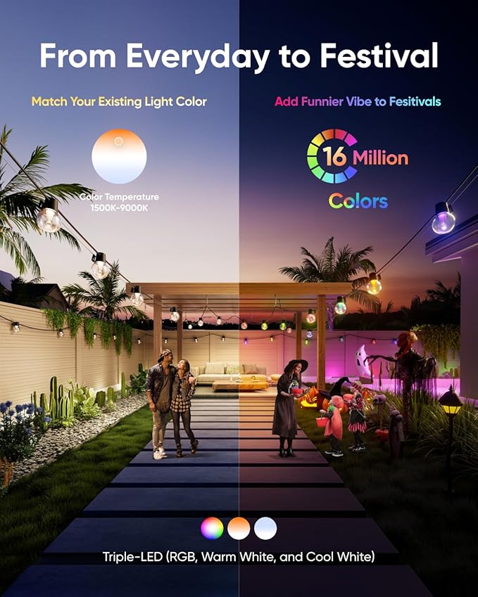 eufy Outdoor String Lights E10, 96ft with 30 Smart RGBWW LED Bulbs, Endless AI Light Themes for Christmas | Lumora