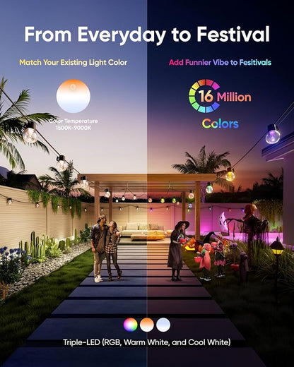 eufy Outdoor String Lights E10, 96ft with 30 Smart RGBWW LED Bulbs, Endless AI Light Themes for Christmas Decorations, IP65 Waterproof for Patio, Fence, Balcony, Link with Cameras, Voice & App Control
