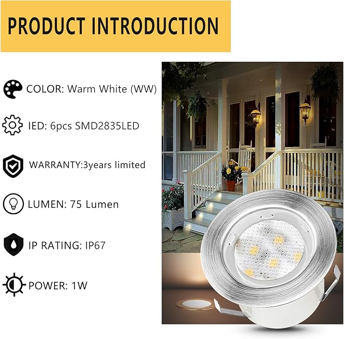 Led Deck Lights Outdoor Waterproof Low Voltage Stainless Steel 1W Outdoor Yard Garden Decoration Lamps Landscape Pathway Patio Step Stairs LED In-ground Lights Silver Border(20pcs, Warm White)