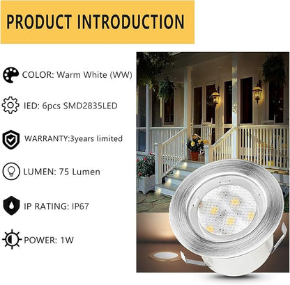 Led Deck Lights Outdoor Waterproof Low Voltage Stainless Steel 1W Outdoor Yard Garden Decoration Lamps Landscape Pathway Patio Step Stairs LED In-ground Lights Silver Border(20pcs, Warm White)