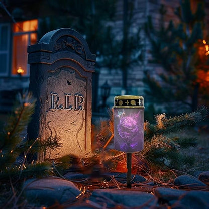 Purple Rose Solar Lights Outdoor Waterproof Solar Lights LED Grave Solar Light for Outdoor Cemetery Solar Stake Lights for Pathway Garden Yard