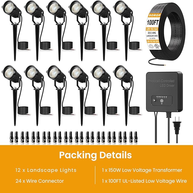 6W Landscape Lighting Kit, Low Voltage Landscape Lights with Transformer 100FT UL-Listed Wire & Connectors, 3000K | Lumora
