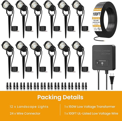 6W Landscape Lighting Kit, Low Voltage Landscape Lights with Transformer 100FT UL-Listed Wire & Connectors, 3000K Waterproof Outdoor Spot Lights for Yard House Tree 12V-24V 12Pack