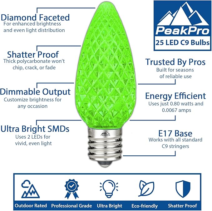 Novelty Lights 250CT C9 LED Faceted Ultra Bright Dimmable Outdoor Christmas Decorative LED Replacement Bulbs (Green) | Lumora
