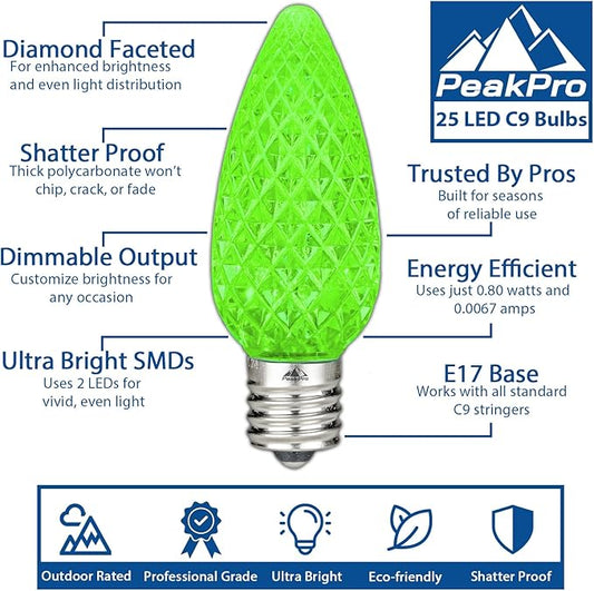 Novelty Lights C9 LED Christmas Light Bulbs, Green LED Bulbs, Outdoor Light Bulbs (25 Pack) String Light Bulbs