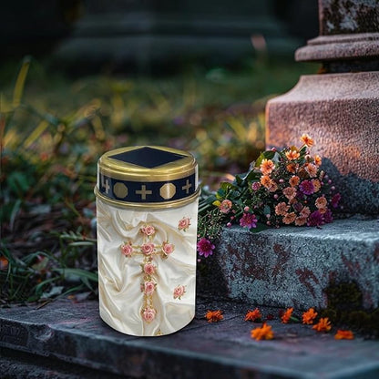 Cross Flower Solar Landscape Lights Outdoor Soft White Solar Cemetery Lights for Grave Solar Cemetery Lamp Blessed Candles for Home Memorial Decoration,Yard Path Stake Lights