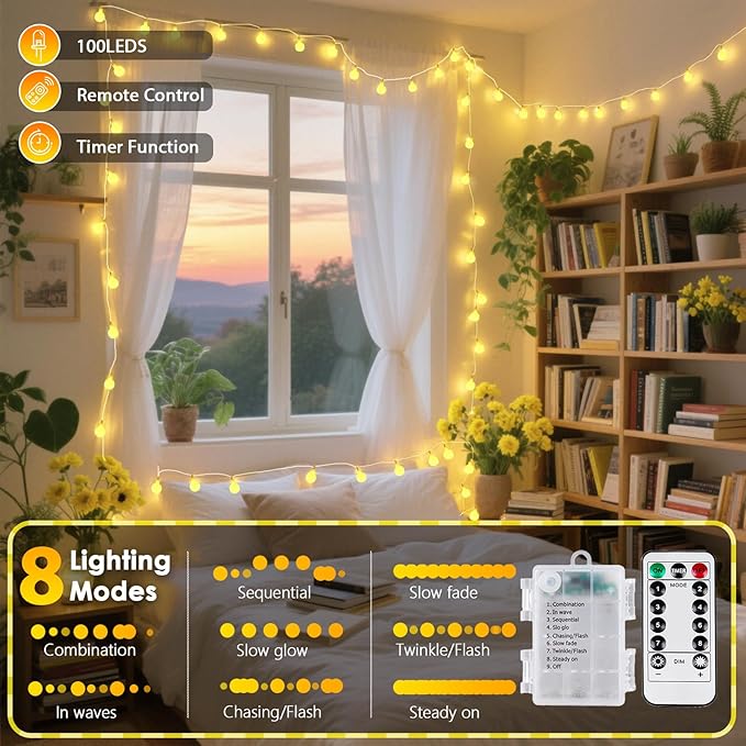 2 Pack Battery Operated Christmas String Lights - 45FT 100 LED Fairy Lights with Remote, Waterproof Globe Light Indoor Outdoor 8 Modes with Timer for Bedroom Classroom Dorm Christmas Decor, Warm White