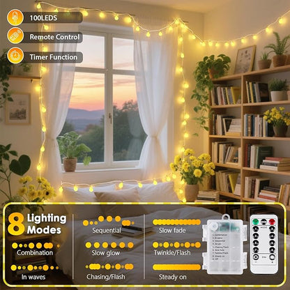 2 Pack Battery Operated Christmas String Lights - 45FT 100 LED Fairy Lights with Remote, Waterproof Globe Light Indoor Outdoor 8 Modes with Timer for Bedroom Classroom Dorm Christmas Decor, Warm White