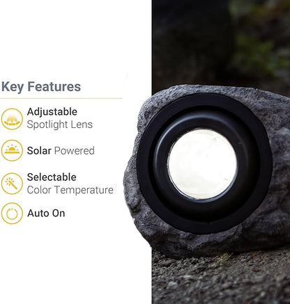 Koda 4-Pack Solar LED Rock Spotlights, Adjustable and Weather-Resistant, Dual Color Temperature, Natural Blend with Outdoor Landscape, Safety Night Lighting