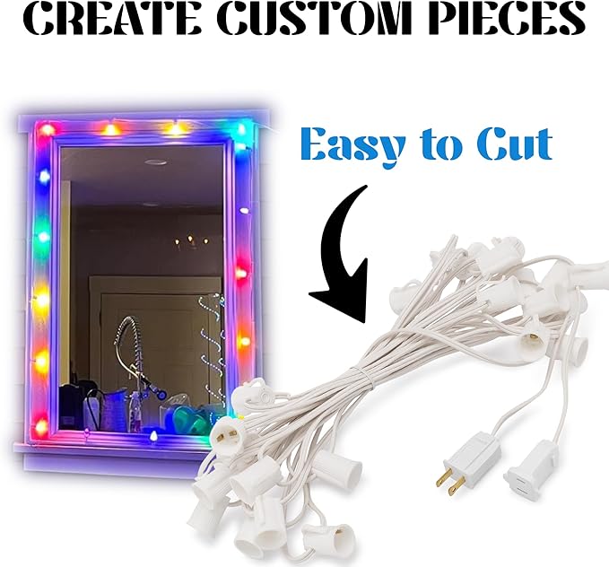 HLO Lighting C7 Light Strings | 50' White Cord with 12" Socket Spacing, E12 Light Stringer for C7 Christmas Lights | Lumora