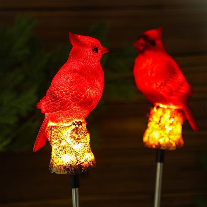 Baquler 4 Pack Solar Cardinal Stake Light Cardinal Decor Garden Red Bird Figurine Memorial Solar Light Outdoor Pathway Yard Lawn Ornaments for Outside Decorations Grave Valentine Gifts Women