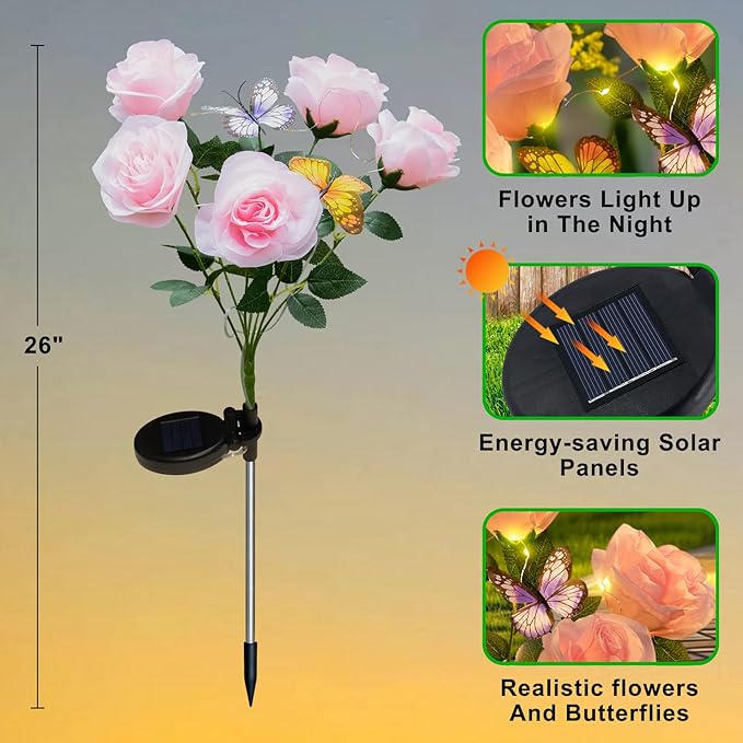 Solar Lights Outdoor- 2 Pack Garden Lights Outdoor Waterproof with 10 Flowers and 4 Butterflies, Solar Decorative Lights for Garden, Patio, Yard (Pink)