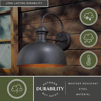 VAXCEL Franklin 15 in. H 1-Light Oil Burnished Bronze and Light Gold Dusk to Dawn Sensor Farmhouse Outdoor Wall Sconce, Metal Shade, Dark Sky Compliant for Exterior Porch Patio Front Door or Garage