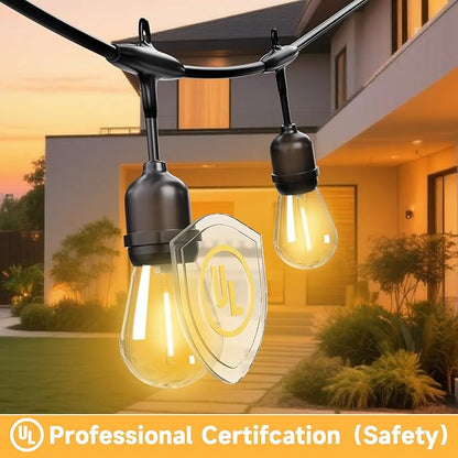 Outdoor Safety String Lights 50FT - Commercial Grade Low Voltage Strand with 20 S14 Shatterproof Bulbs for Tree Garden Yard bistro Cafe | Warm Yellow 3500K Party Lights | IP65 Waterproof | UL Listed