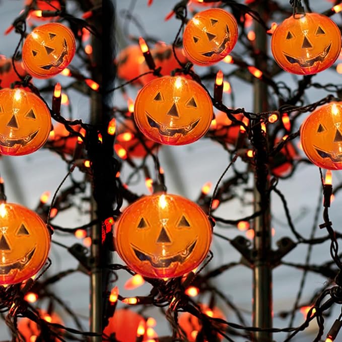 SUNSGNE 7FT Halloween Pumpkin String Lights, 25 Mini Orange Light Bulbs with 10 Plastic Pumpkins Lights for Indoor Outdoor Halloween Christmas Decorations