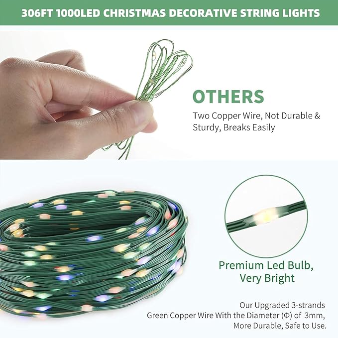 Tcamp 306FT 1000 LED Christmas Tree Lights Outdoor Indoor String Lights with Memory Timer Function, 8 Modes Green Wire Fairy String Light for Xmas Tree Holiday Party Decor (Multicolor)