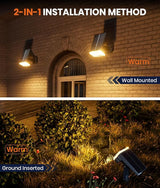 2-Pack Solar Lights Outdoor Waterproof IP67, 3 Color Modes (Warm/Cool White & Hybrid) with 3 Lighting Modes, 105° | Lumora