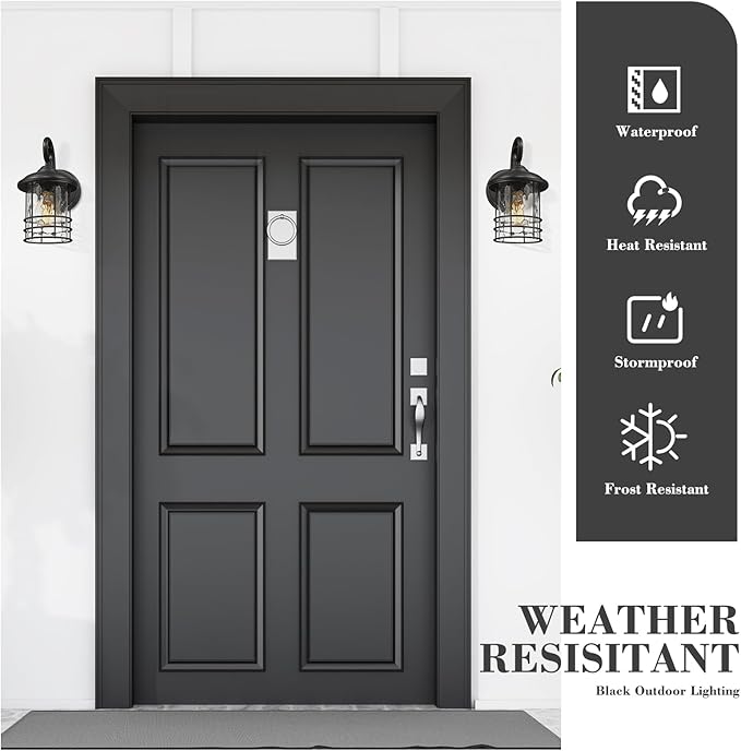 Emliviar 2 Pack Outdoor Wall Lighting Fixtures, 10" Exterior Carriage Lights with Water Ripple Glass, Die-Cast Aluminum in Black Finish, OS-1803CW1-WG