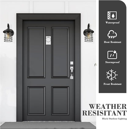 Emliviar 2 Pack Outdoor Wall Lighting Fixtures, 10" Exterior Carriage Lights with Water Ripple Glass, Die-Cast Aluminum in Black Finish, OS-1803CW1-WG