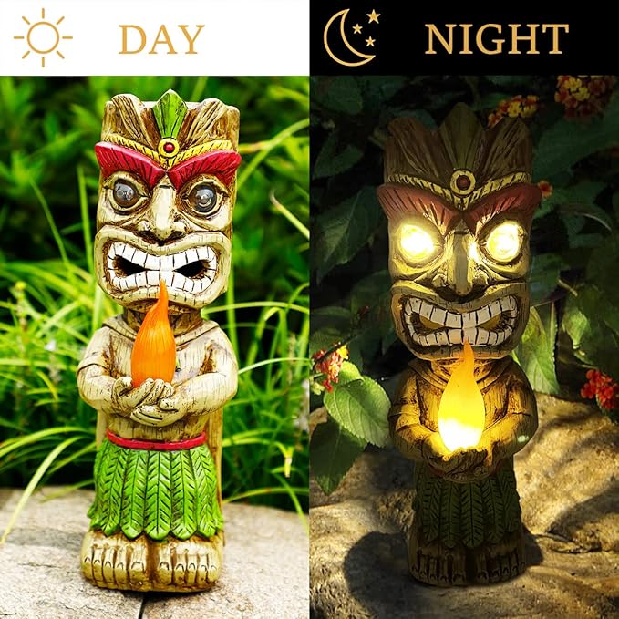 13" Tall Solar Torch Tiki Garden Statue, Resin Large Tiki Decor Figurine with Solar Lights, Hawaiian Tiki Man | Lumora