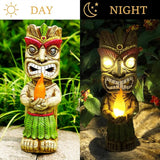 13" Tall Solar Torch Tiki Garden Statue, Resin Large Tiki Decor Figurine with Solar Lights, Hawaiian Tiki Man | Lumora