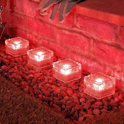 Solar Ice Cube Lights - Solar Brick Light LED Landscape Light Crystal Brick Light Outdoor Path Lights Waterproof for Outdoor Garden Patio Yard Lawn Pool Decoration (Red, 2pcs)