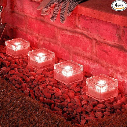 Solar Ice Cube Lights - Solar Brick Light LED Landscape Light Crystal Brick Light Outdoor Path Lights Waterproof for Outdoor Garden Patio Yard Lawn Pool Decoration (Red, 4pcs)