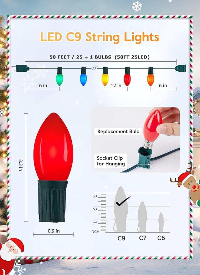Vintage C9 LED Christmas Lights Outdoor, 50 Feet String with 25 Shatterproof Bulbs, Waterproof Connectable | Lumora