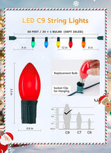 Vintage C9 LED Christmas Lights Outdoor, 50 Feet String with 25 Shatterproof Bulbs, Waterproof Connectable | Lumora